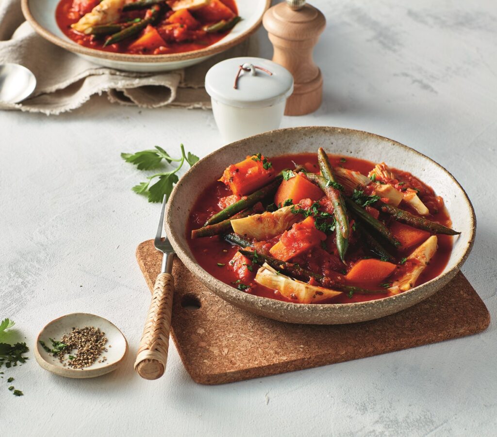 Green beans with artichokes and sweet potatoes