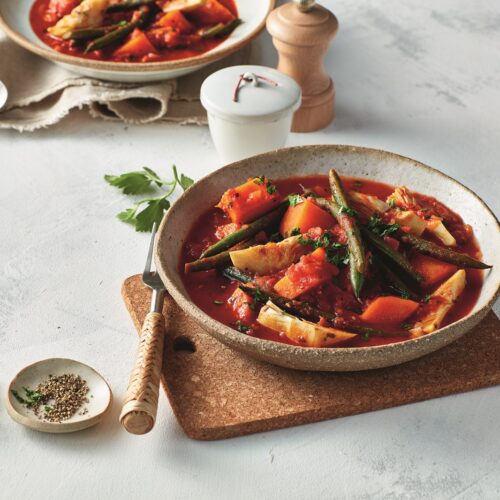 Green beans with artichokes and sweet potatoes