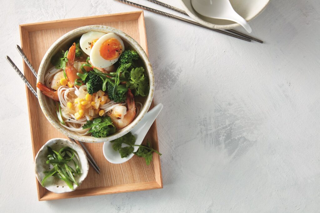 Prawn ramen with corn and chives