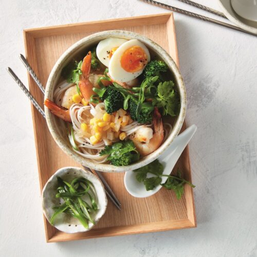 Prawn ramen with corn and chives