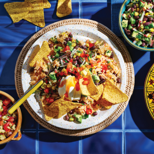 Mexican rice with black bean salad and pineapple salsa