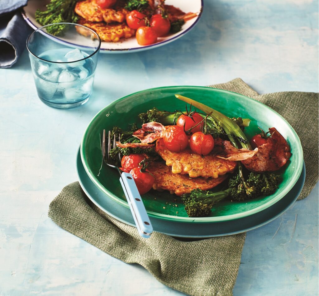Sweetcorn fritters with broccolini Sweetcorn fritters with broccolini