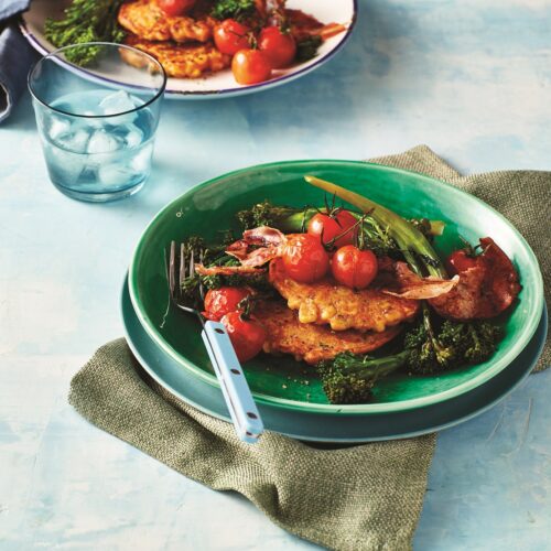 Sweetcorn fritters with broccolini