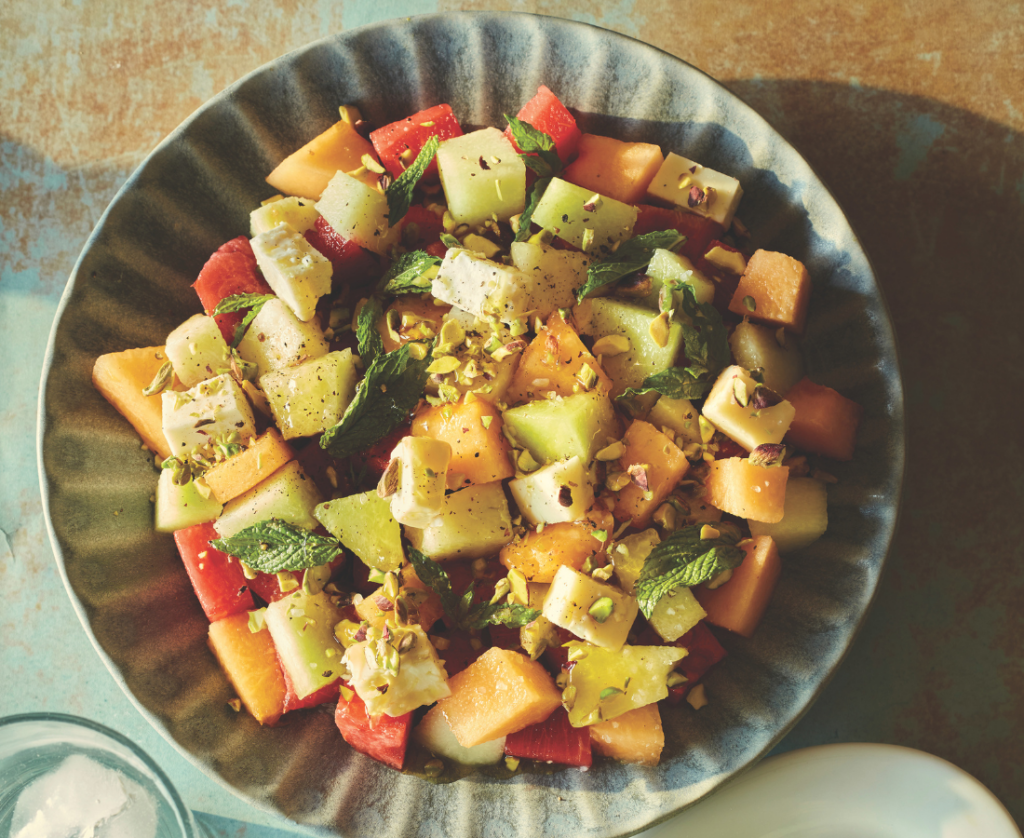 Melon and watermelon salad with feta, mint, pistachios and honey