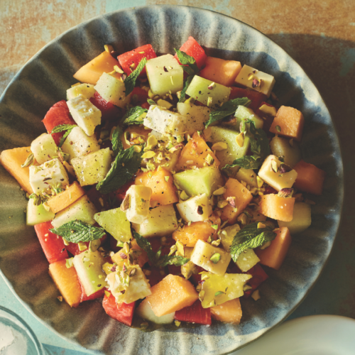 Melon and watermelon salad with feta, mint, pistachios and honey