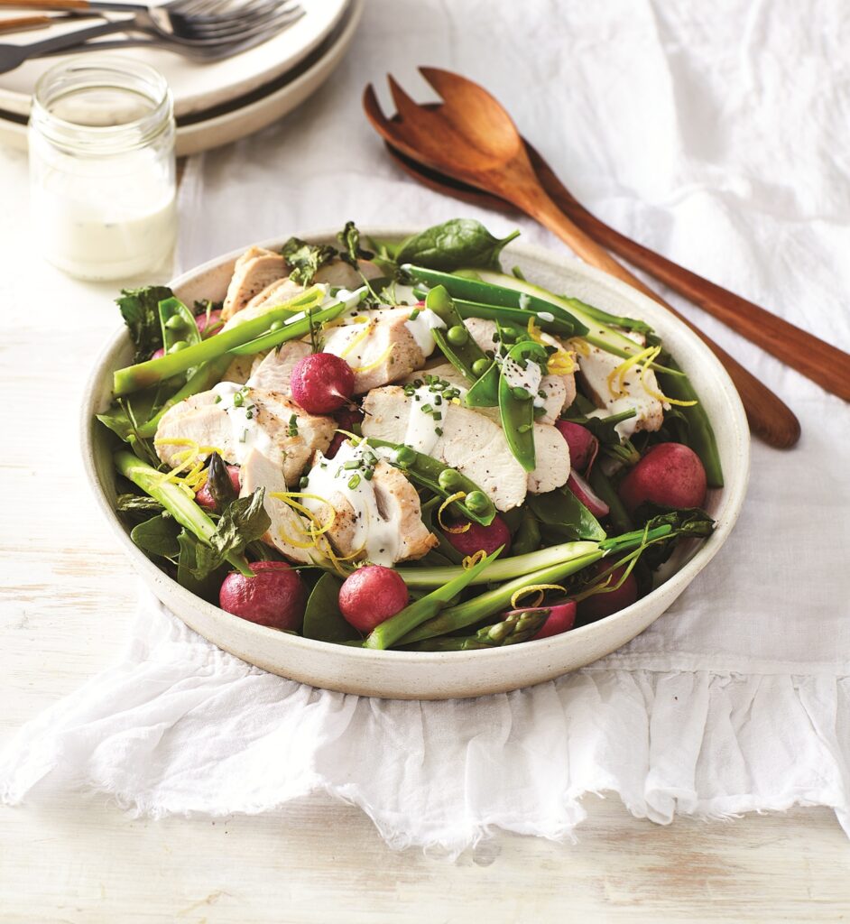 Chicken with roasted radish and pea salad