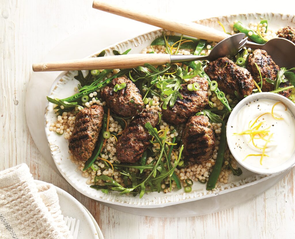 Moroccan beef koftas with snow pea pearl couscous