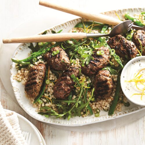 Moroccan beef koftas with snow pea pearl couscous