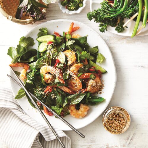 Prawns with sesame cucumber chilli salad
