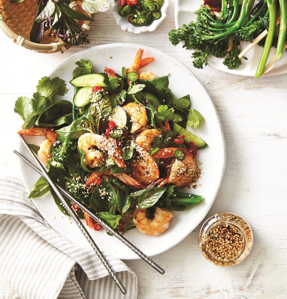 Prawns with sesame cucumber chilli salad