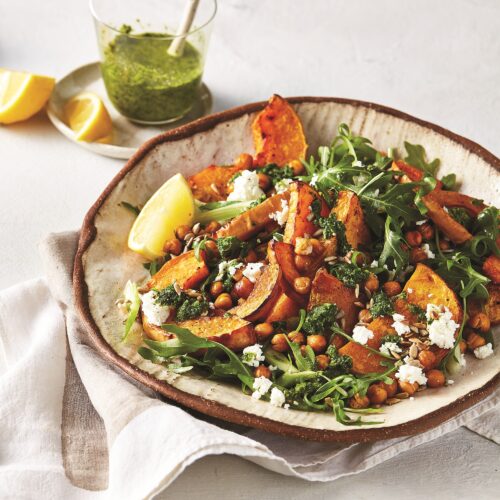 Honey roasted pumpkin with lemon chickpeas and rocket pesto