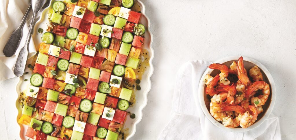 Grid salad with grilled prawns