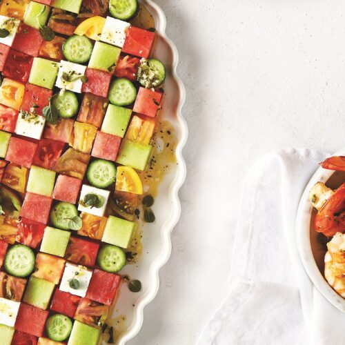 Grid salad with grilled prawns