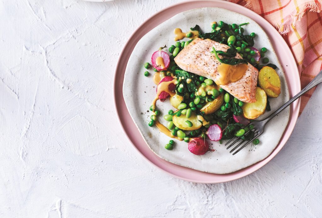 Salmon and veg bake for one