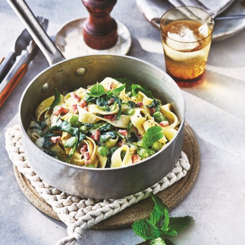 Creamy pappardelle with broad beans and pancetta