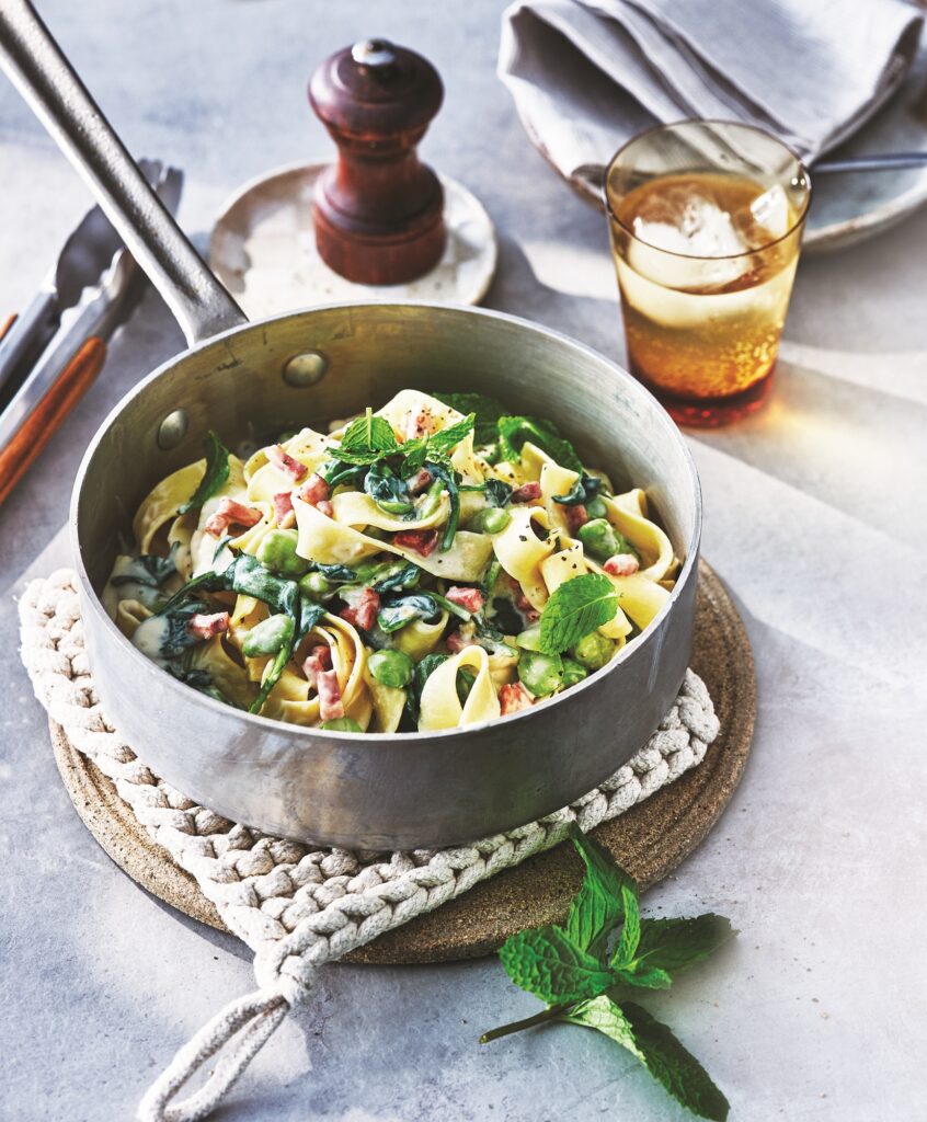 Creamy pappardelle with broad beans and pancetta