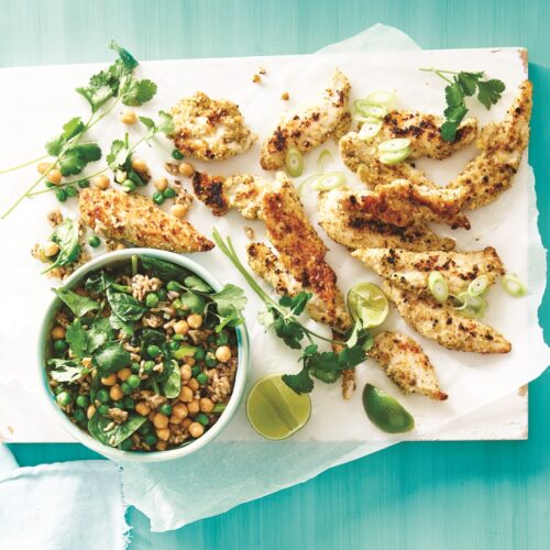 Coconut chicken tenders with spinach and rice