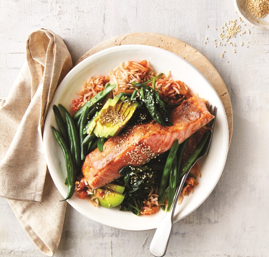 Miso salmon and kimchi rice bowls with garlic spinach