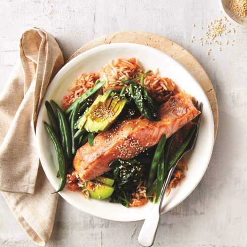 Miso salmon and kimchi rice bowls with garlic spinach