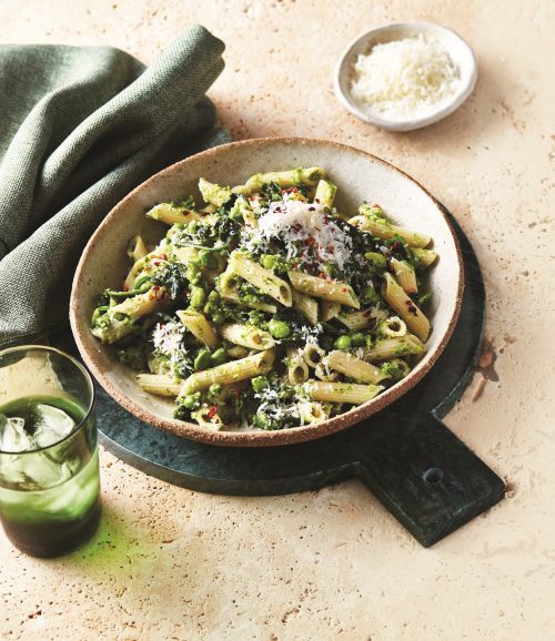 Gluten-free green pasta with edamame and parmesan