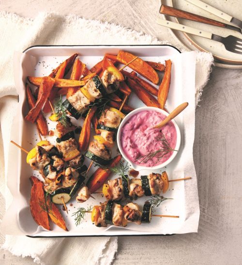 Chicken souvlaki with sweet potato fries and beetroot tzatziki