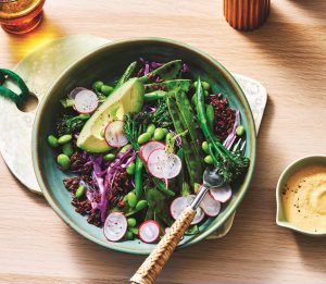 Black rice salad with blistered broccolini and miso dressing