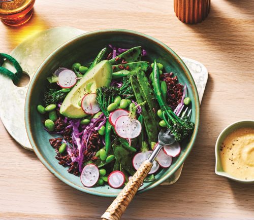 Black rice salad with blistered broccolini and miso dressing