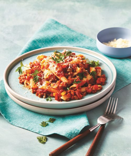 Tomato and lentil penne
