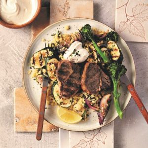 Lamb chops with chargrilled vegetable couscous and tahini yoghurt